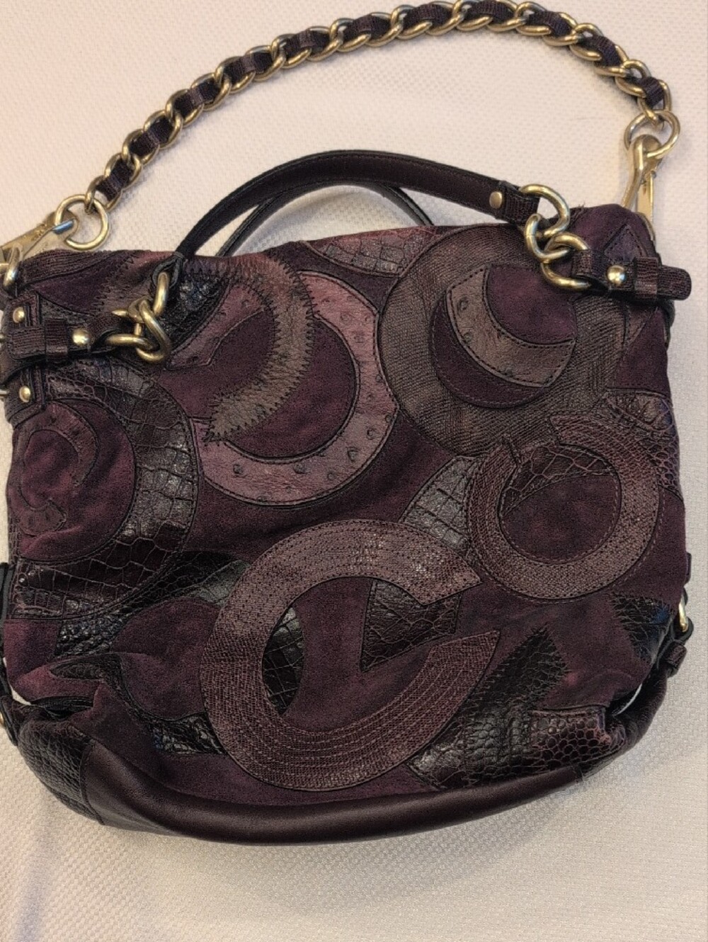 Coach Plum Patchwork Leather & Suede Shoulder Bag with Gold Chain - Picture 2 of 8